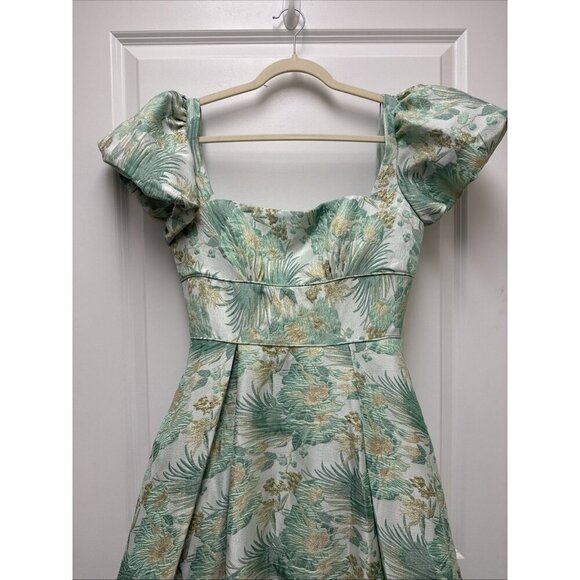 MAC DUGGAL Size 6 Green Floral Brocade 68276 Puff Sleeve High Low Gown Dress New - Picture 6 of 12